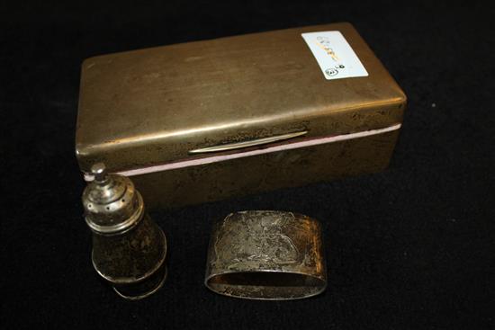 Small silver: a cigarette box, a napkin ring and a pepper pot